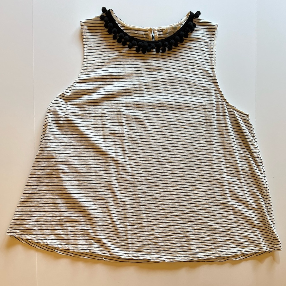 Boden Sleveless A-Line Top with Pom Pom Fringe, Black and White, US 18 UK 22